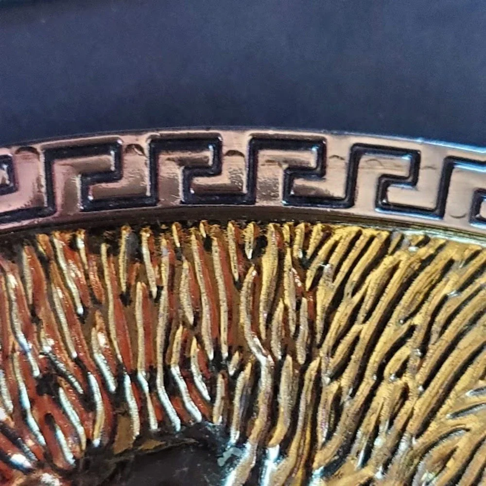 Lion Head Belt Buckle Two Tone Gold Silver Greek Key Border Statement Fashion